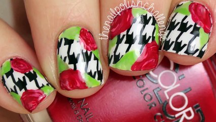 FLORAL HOUNDSTOOTH NAIL ART USING STICKERS AND POLISH