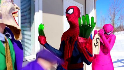 Spiderman & Pink Spidergirl vs Joker! Spiderman Gets Giant Gummy Hands! Real Life Superhero Fun -)