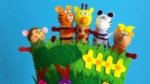 Finger puppets with funny animals jumping and hiding with music