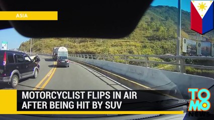 Motorcycle accident: Motorcyclist flips in air after head on collision with SUV TomoNews