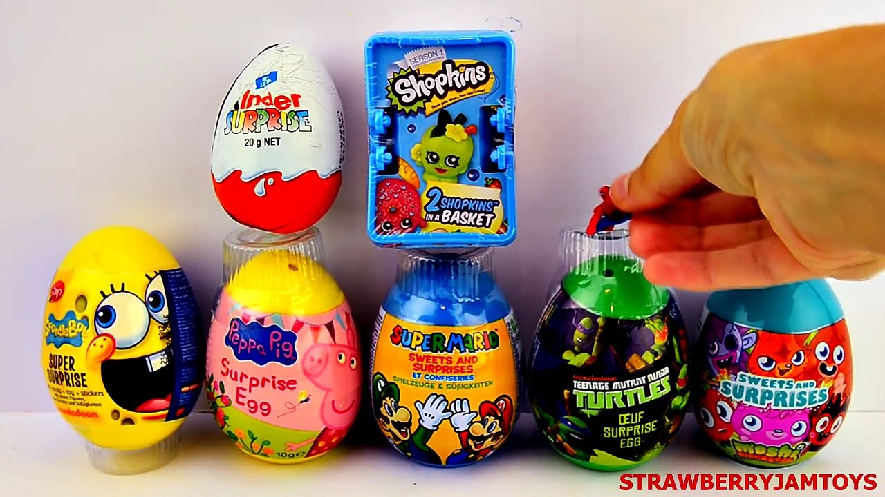 Spiderman Kinder Surprise Shopkins Peppa Pig Spongebob Super Mario Surprise Eggs StrawberryJamToys