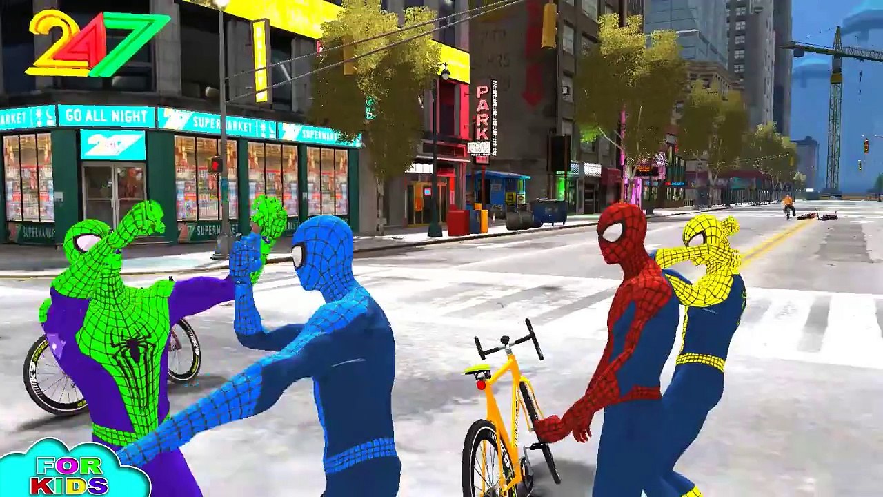 Spiderman COLORS Fun Superhero Movie EPIC BIKE PARTY + Nursery Rhymes for Children Kids Songs
