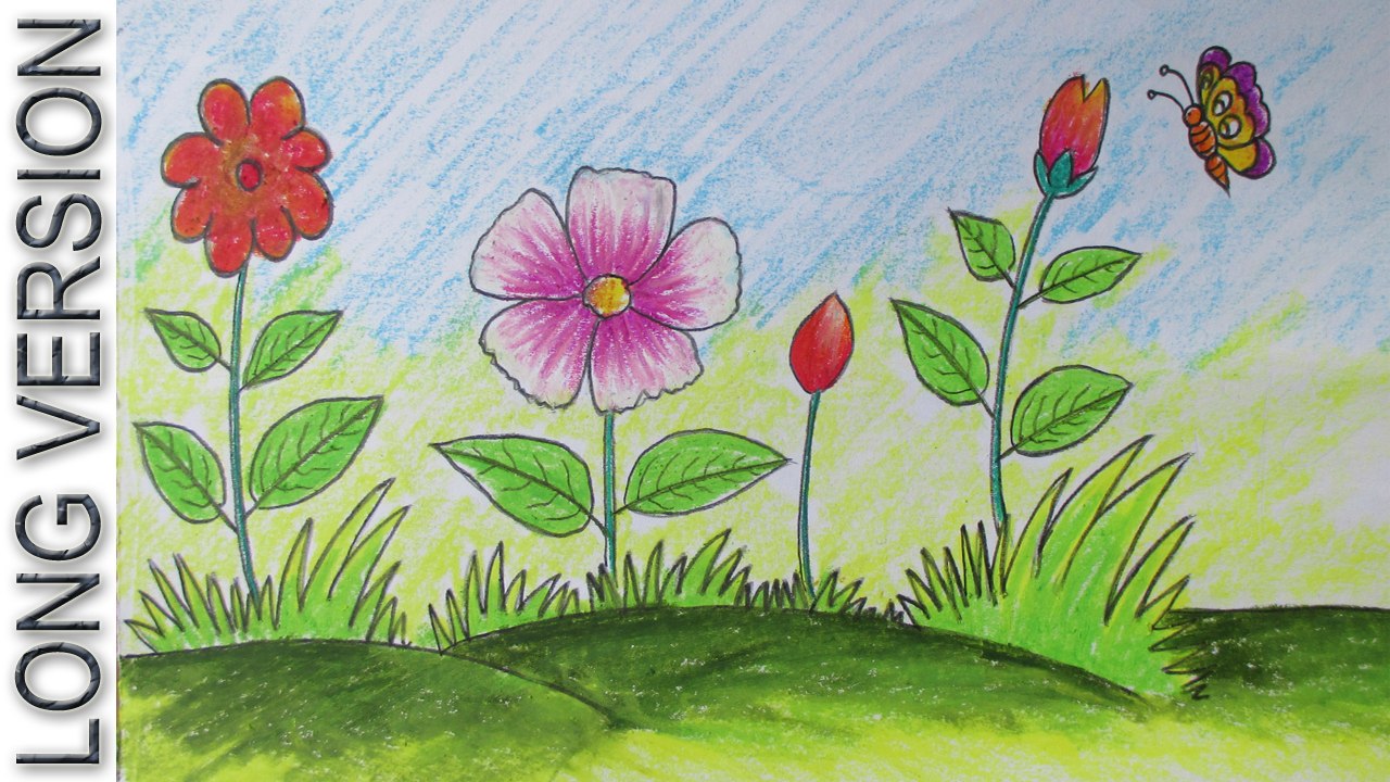 How to Draw a Scenery with Flowers for Kids [Long Version], image size:1280x720
