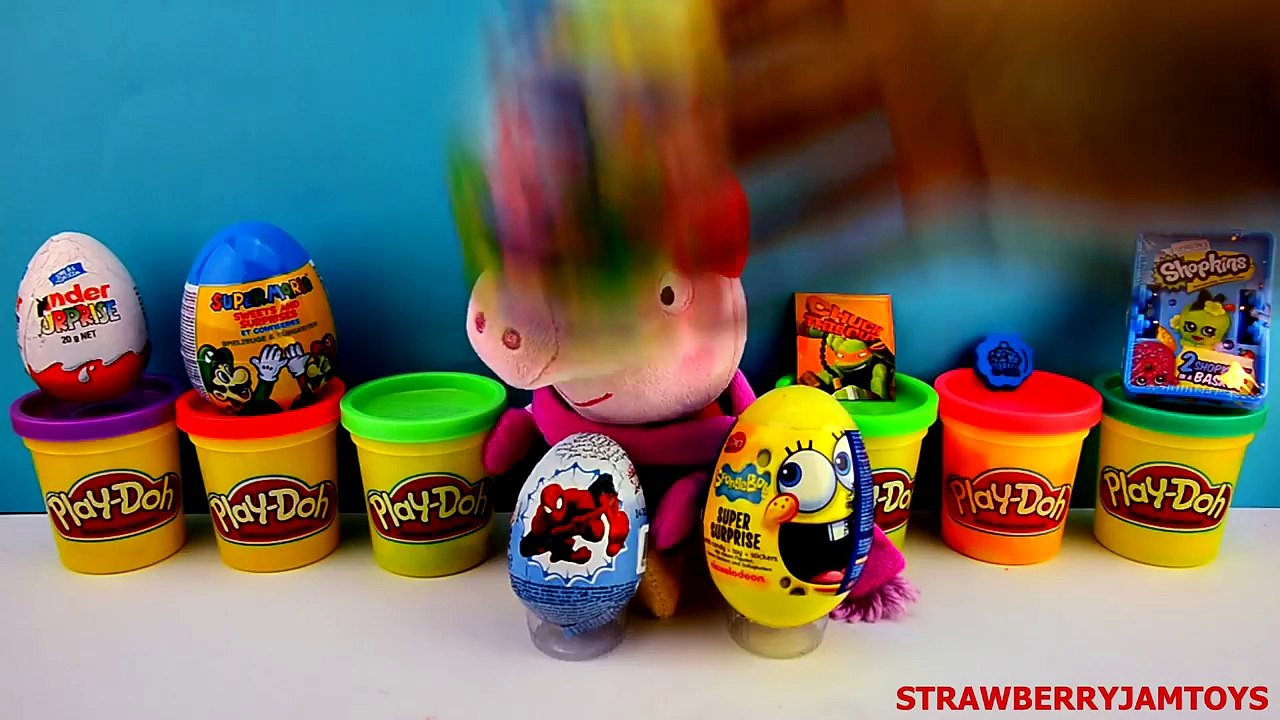 Peppa Pig Play Doh Spongebob Spiderman Kinder Surprise Shoppkins TMNT Surprise Eggs StrawberryJamToy