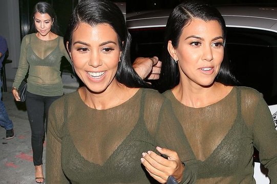 Kourtney Kardashian FLASHES-BRA-In See-Through Lace Top