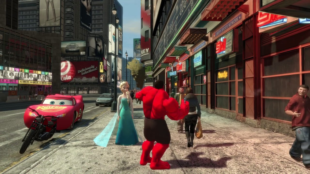 Red Hulk, Frozen Anna Elsa playing Dinoco Disney McQueen Cars Songs for Children
