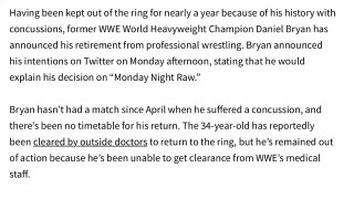 WWE Breaking News  Daniel Bryan announces his retirement