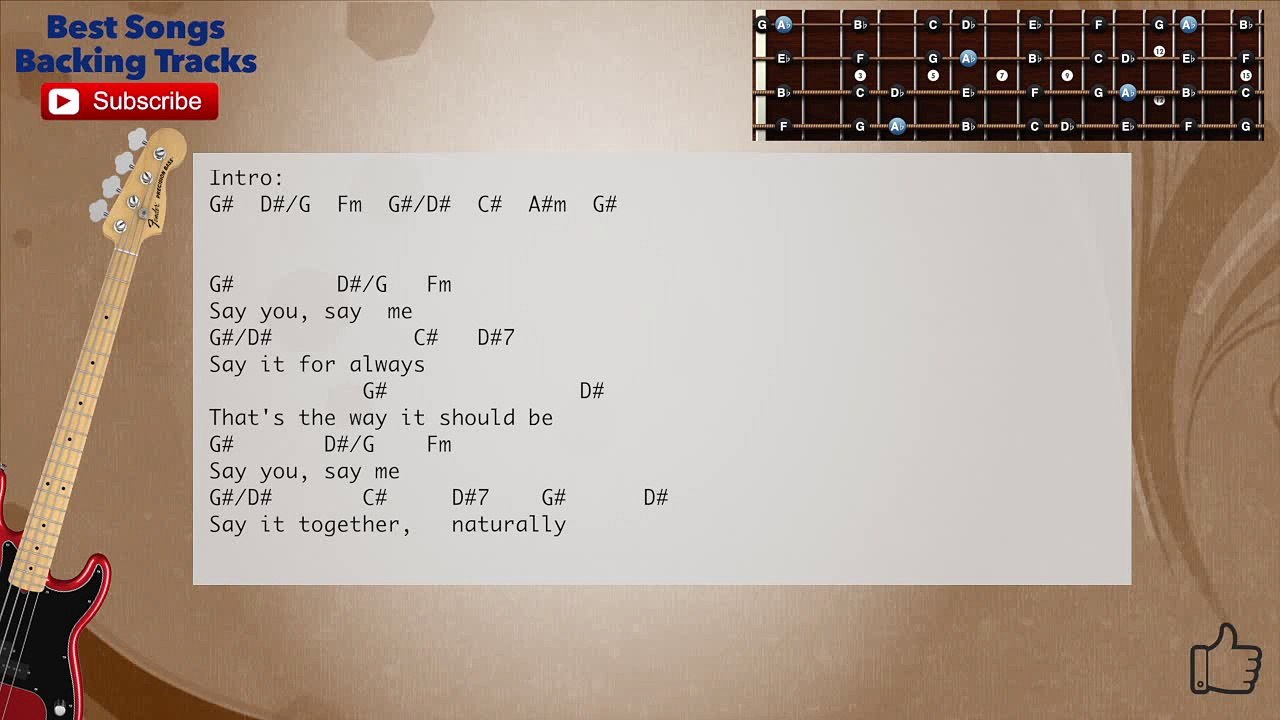 Say You Say Me - Lionel Richie Bass Backing Track with scale, chords and lyrics