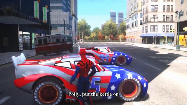 Cars Songs For Kids ♪ Polly put the kettle on ♪ Spider-Man Hulk Toy Epic Race Disney