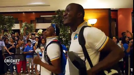 West Indies celebrating win at Team Hotel