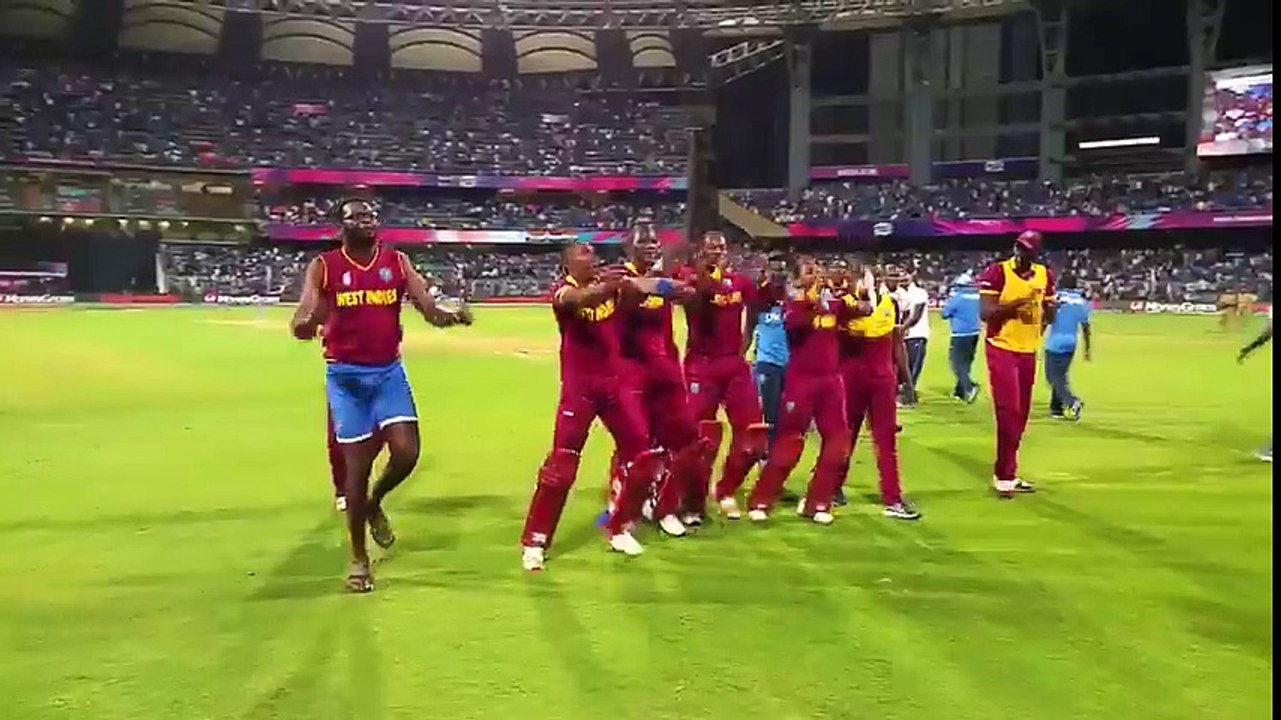 West Indies celebrating win at field