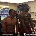 chris gayle and dwayne bravo dance after defeating the india