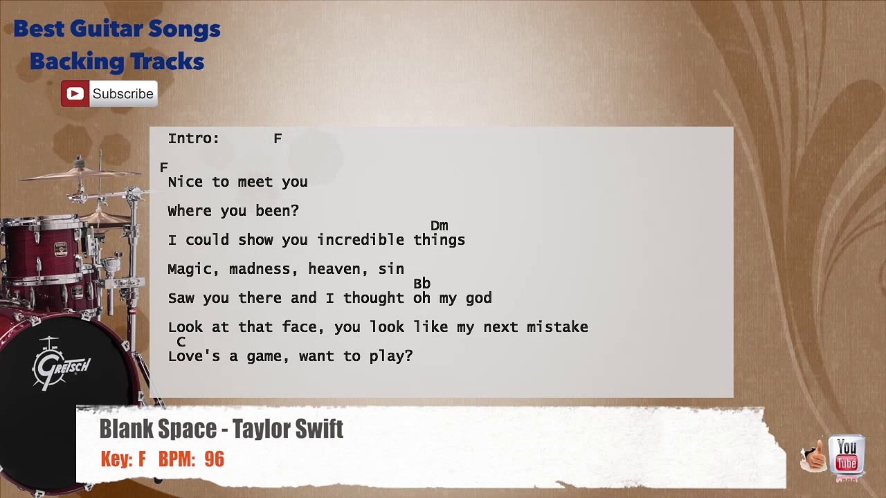 Blank Space - Taylor Swift Drums Backing Track with chords and lyrics