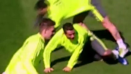Cristiano Ronaldo and Sergio Ramos with some intense tackles in training before El Clasico