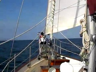 Jodie on the Bow, S/V RAGAMUFFIN BVI sailing adventure vacations, Anegada to Jost Van Dyke