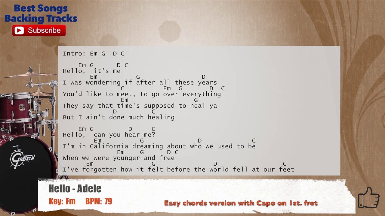 Hello - Adele Drums Backing Track with chords and lyrics