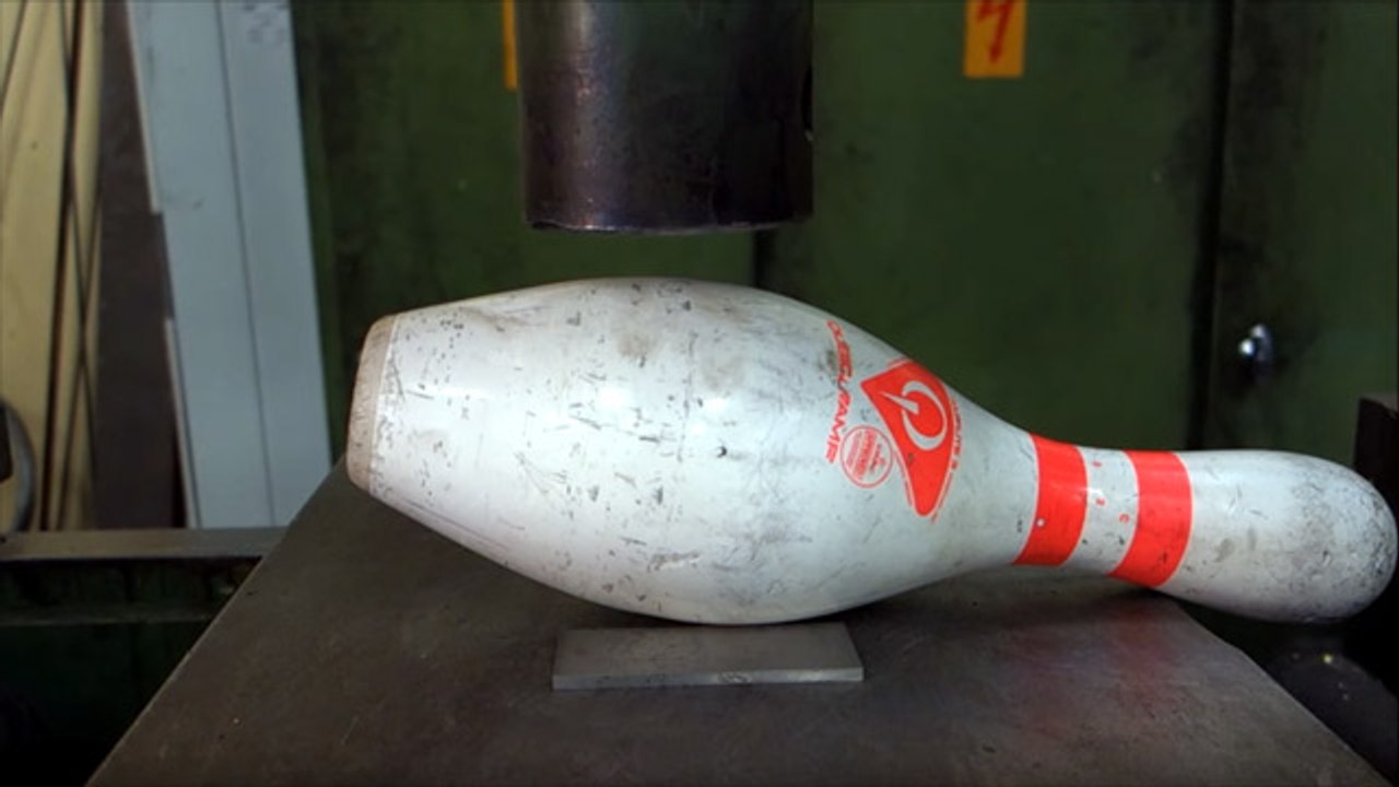 Hydraulic Press Attempts To Crush Bowling Pin And Bowling Ball