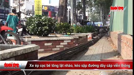Xe ép cọc bê tông lật nhào, kéo sập đường dây cáp viễn thông