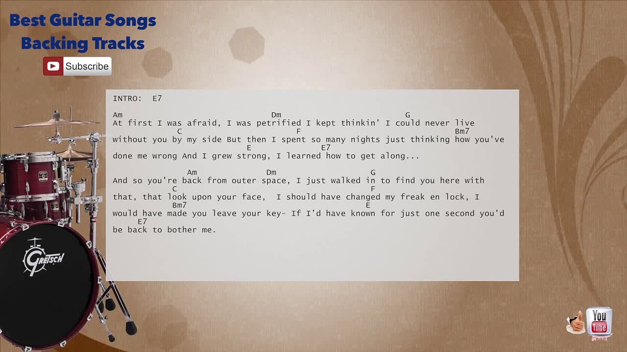 I Will Survive - Gloria Gaynor Drums Backing Track with scale, chords and lyrics