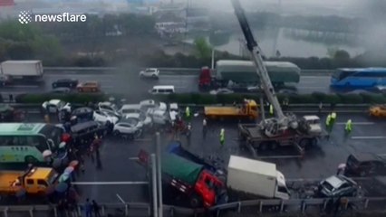 Aerial footage of major pile-up on motorway in China