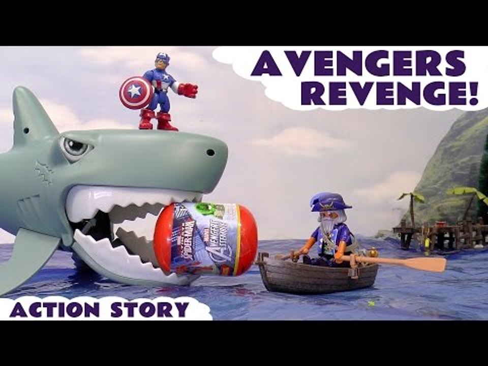 AVENGERS REVENGE! --- Oh No! Playmobil Pirates have taken Spiderman and The Avengers Surprise Capsules! Can Captain America, Hulk and Iron Man help get them back using the Sea Shark? Featuring a Pirate Ship, Falcon, Loki, Star-Lord, Vision and many more!