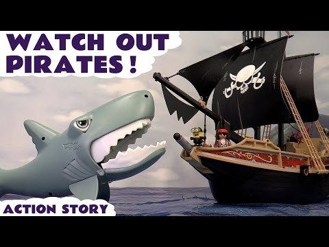 WATCH OUT PIRATES! - Playmobil and Minion Pirates are attacked by a Shark aboard a Pirate Ship, Featuring a Shark Attack, Playmobil Pirate Ship, Play Doh, and many more family fun toys! An Unboxing Toy Story Review!