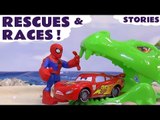RESCUES AND RACES --- Join Lightning McQueen from Disney Cars with Spiderman in this compilation of race and rescue toy stories, Featuring TMNT, Thomas and Friends, Dragons, The Avengers, Surprise Eggs, Transformers, and many more family fun toys