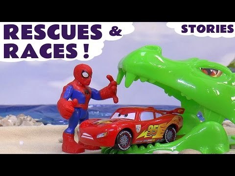 RESCUES AND RACES - Join Lightning McQueen from Disney Cars with Spiderman in this compilation of race and rescue toy stories, Featuring TMNT, Thomas and Friends, Dragons, The Avengers, Surprise Eggs, Transformers, and many more family fun toys