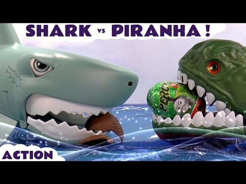 SHARK VS PIRANHA --- Join Chase from Paw Patrol as he recieves Kinder Surprise Eggs from a Shark and Piranha, Featuring Thomas and Friends, Spiderman, Batman, TMNT, Nova, Optimus Prime from Transformers and many more family fun toys
