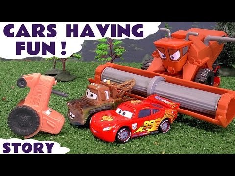 CARS HAVING FUN! - Join Lightning McQueen and Mater from Disney Cars in Tractor Tipping Fun while they Race Hulk, Captain America and Iron Man from the Avengers, also featuring Frank, Spiderman, TMNT, Batman and many more fun family toys