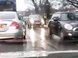 The reaction of a motorist blocked by a broken down bus
