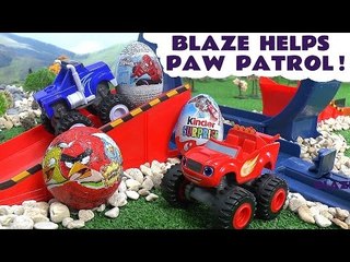 Blaze Helps Paw Patrol Race and Open Kinder Surprise Eggs | Spider-Man and Avengers Iron Man