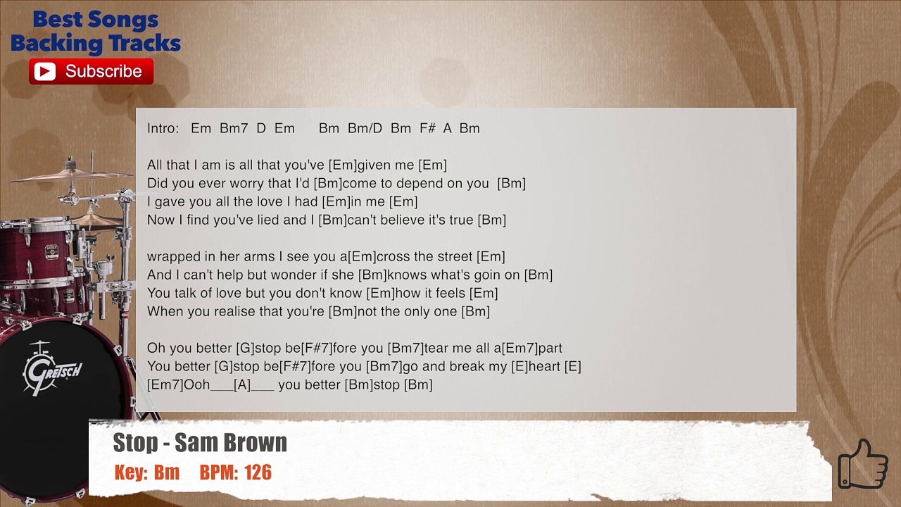 Stop - Sam Brown Drums Backing Track with chords and lyrics