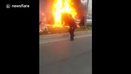 Two people injured after cigarette flicked out of window sets car on fire