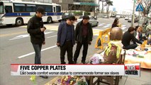 Copper plates laid next to 'comfort woman' statue in memory of sex slave victims