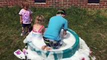 Having Fun in the pool with bubbles and toys!  Including Paw Patrol and Peppa Pig.