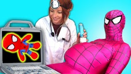 Spiderman, Frozen Elsa & Pink Spidergirl w  Doctor! Spiderbaby is sick! Superheroes in Real Life  )