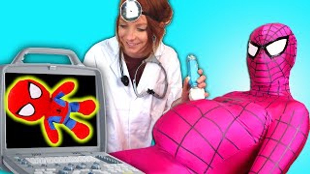 Spiderman, Frozen Elsa & Pink Spidergirl w Doctor! Spiderbaby is sick! Superheroes in Real Life )