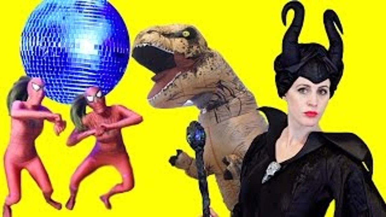 Pink Spidergirl Twins vs Frozen Elsa vs Maleficent Superhero In Real Life Dance with Spiderman T-rex
