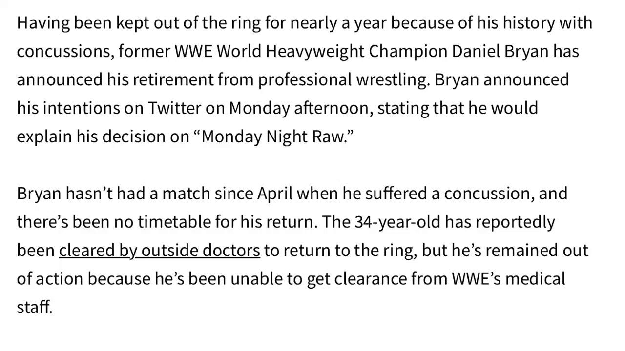 WWE Breaking News  Daniel Bryan announces his retirement
