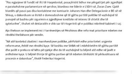 MOGHERINI TELEFONATE ME ZAEV, KERKON BASHKEPUNIM NGA OPOZITA NE MAQEDONI LAJM