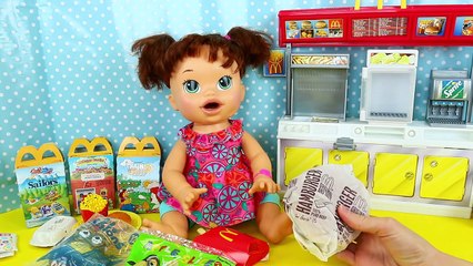 Baby Alive EATS REAL McDonlads Happy Meal Burger Fries + Open Minions Movie Prize Toy