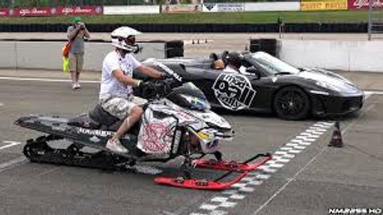 Snowmobile Races Vs. Ferrari 458 and F430 Spider in Drag Race!! - Modball Rally