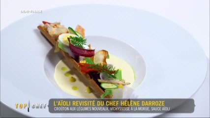 Croûton aux légumes nouveaux, vichyssoise à la morue, sauce aöli par Hélène Darroze