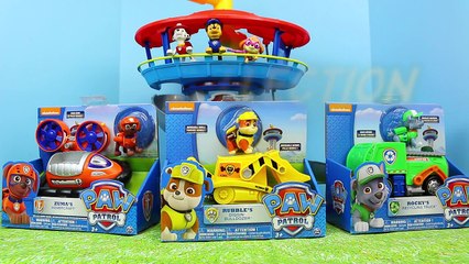 Paw Patrol Toy Review of Zuma Hovercraft with Rubble Bulldozer and Rocky Recycling Truck