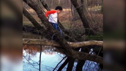 Fat Kid Falls Off A Log Into A Lake
