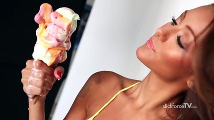 Girl Attempts to Eat Large Ice Cream Cone in a Bikini
