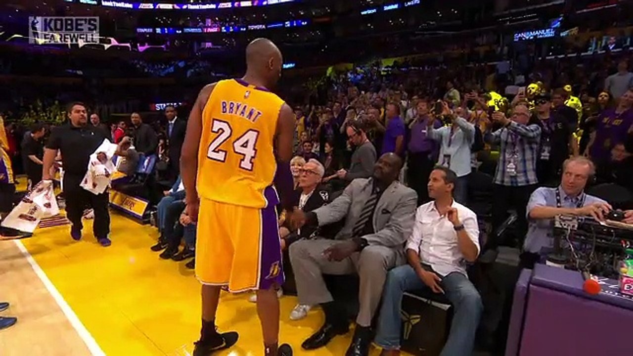 Shaq sitting courtside for Kobe's last game