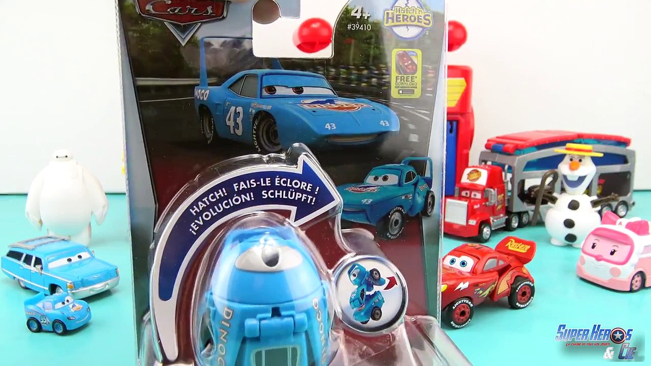 Disney Cars Hatch n Heroes Oeuf Transformable Flash McQueen King Dinoco français 4k Les Bagnoles