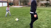 Cristiano Ronaldo' s son shows his dad how to take a penalty kick